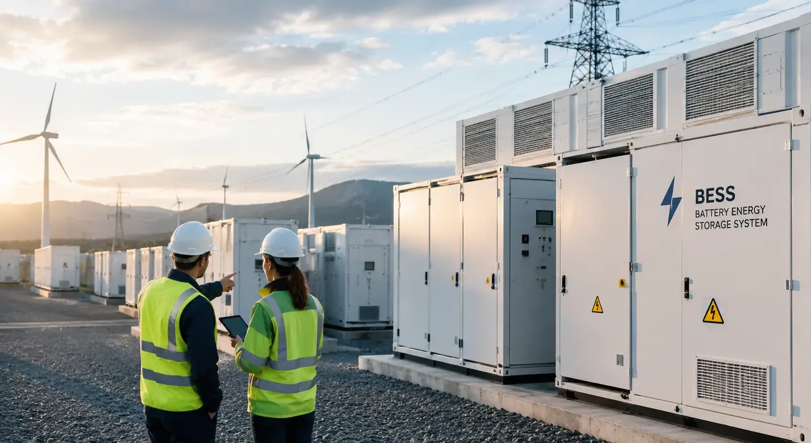Large-scale Battery Energy Storage System with engineers inspecting the installation.