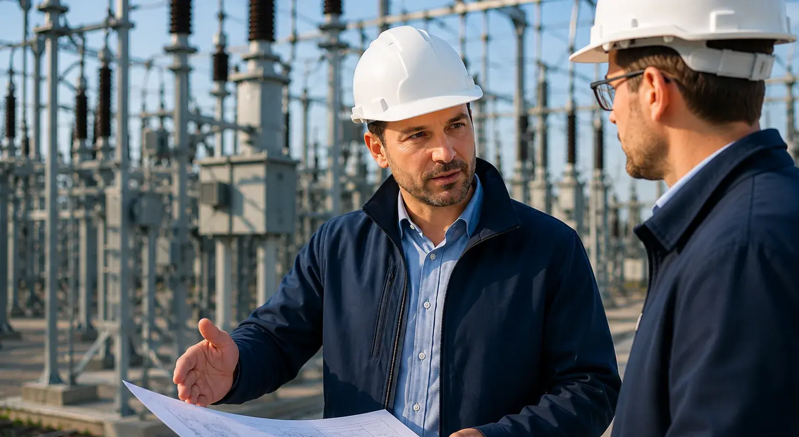 Two engineers discussing technical drawings at a high-voltage electrical substation.